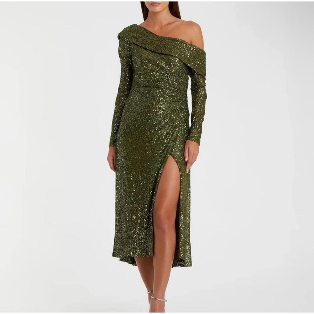 MAC DUGGAL 26551 green sequin off the shoulder dress sz 0